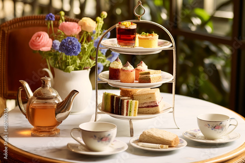 Afternoon tea in the restaurant garden, English tradition and luxury service, tea cups, cakes, scones, sanwiches and desserts, holiday table decor and afternoon tea stand, generative ai