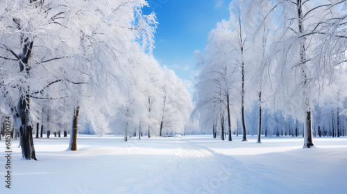 wonderful winter snowy landscape with frozen trees in a large park alley. Ai generated