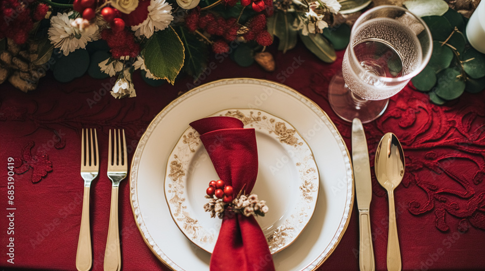 Holiday table decor, Christmas holidays celebration, tablescape and dinner table setting, English country decoration and home styling Holiday table decor, Christmas holidays celebration, tablescape and dinner table setting, English country decoration and home styling
