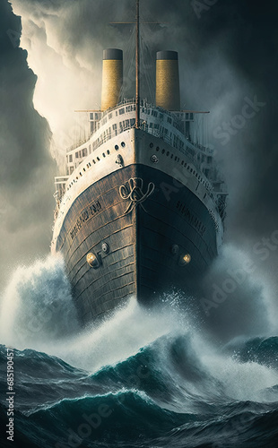 Front of Hull Ride the Wind And Waves Mysterious Stormy Sea The Titanic Sailing Head-On In The Rainstorm Seascape Background photo