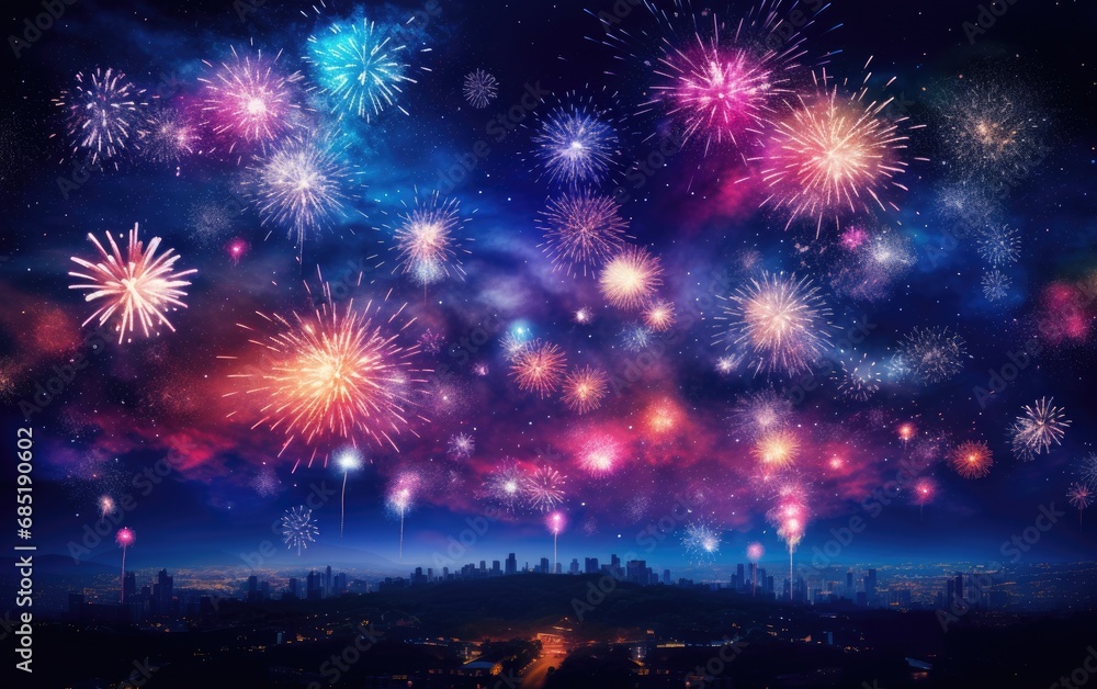 Fireworks bursting in the night sky, illuminating the atmosphere with vibrant colors and celebration Fireworks bursting in the night sky, illuminating the atmosphere with vibrant colors and celebration