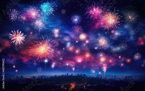 Fireworks bursting in the night sky, illuminating the atmosphere with vibrant colors and celebration