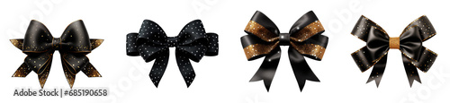 A collection of four elegant black and gold ribbon bows isolated against a transparent background. Ai generated