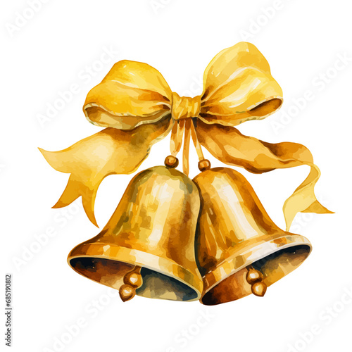 Golden Christmas bells with golden bow, Christmas vector watercolor illustration