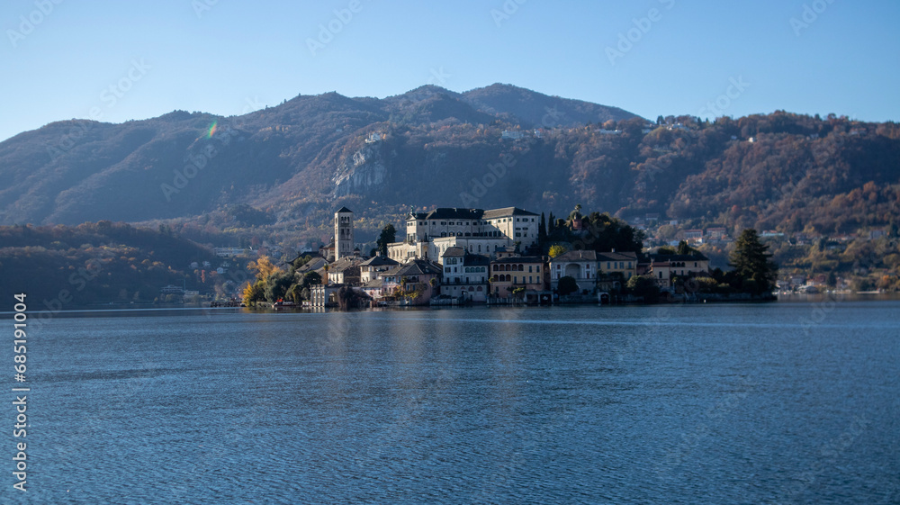 San Giulio island in the middle of the Orta lake, famous for the ancient monastery place of peace and meditation.Piedmont, italian lakes, Italy