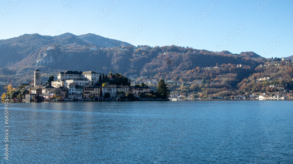 San Giulio island in the middle of the Orta lake, famous for the ancient monastery place of peace and meditation.Piedmont, italian lakes, Italy