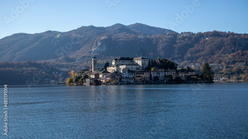 San Giulio island in the middle of the Orta lake, famous for the ancient monastery place of peace and meditation.Piedmont, italian lakes, Italy