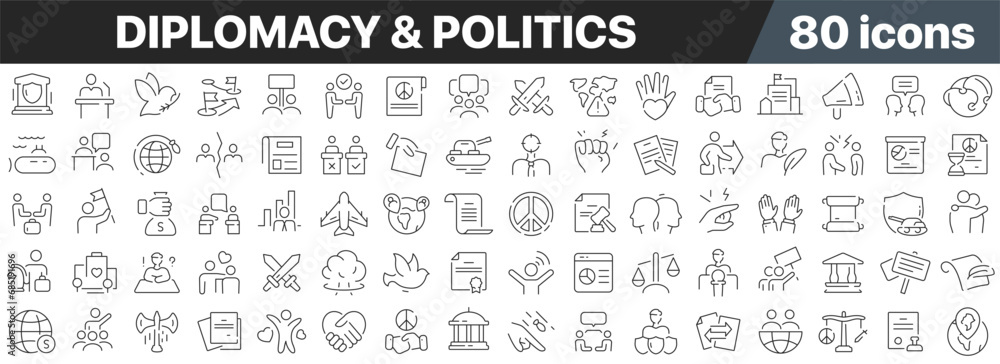 Diplomacy and politics line icons collection. Big UI icon set in a flat design. Thin outline icons pack. Vector illustration EPS10