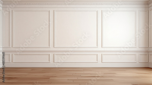white wall with classic style moulding and wooden floors photo
