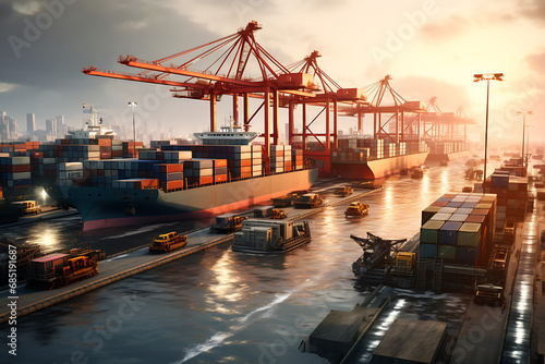 container cargo freight ship at sunset (AI Generated)