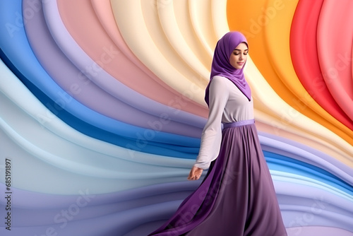 Modern colorful stylish outfit photoshoot of a muslim hijab woman in dynamic shot happy and positive for modest trendy arab women fashion. Generative AI photo