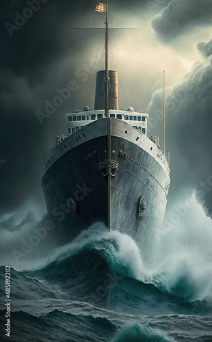 Front of Hull Ride the Wind And Waves Mysterious Stormy Sea The Titanic Sailing Head-On In The Rainstorm Seascape Background photo