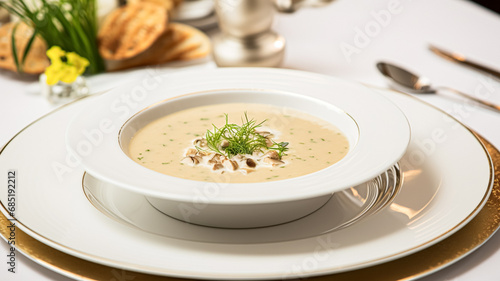 Vászonkép Mushroom cream soup in a restaurant, English countryside exquisite cuisine menu,