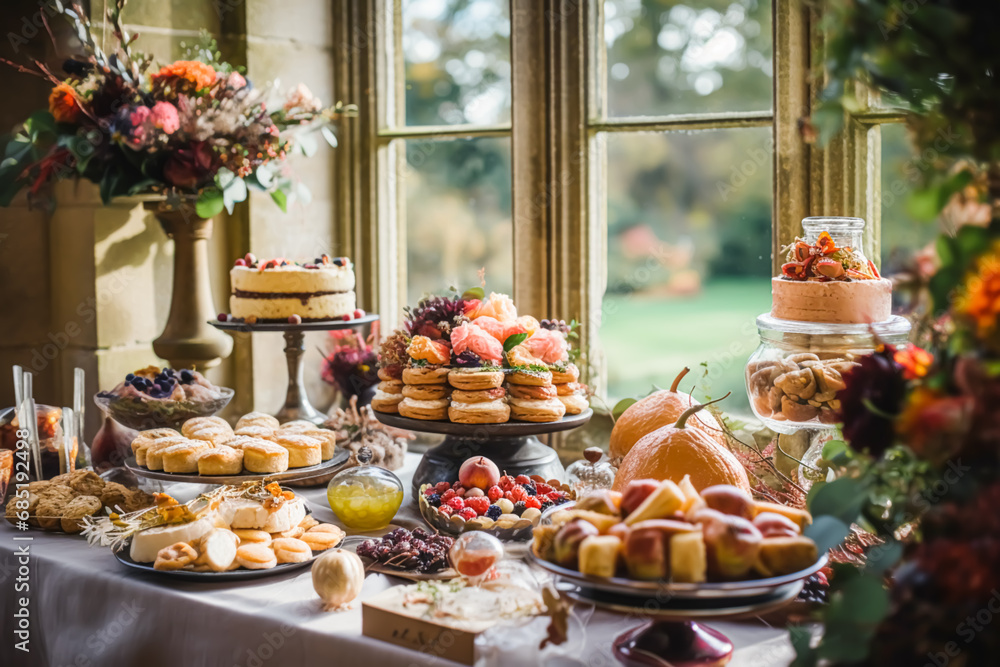 Autumnal dessert buffet table, event food catering for wedding, party and holiday celebration, cakes, sweets and desserts in autumn garden, generative ai