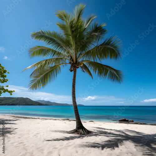 Solitary Palm on Pristine Beach, Azure Waters and Clear Skies