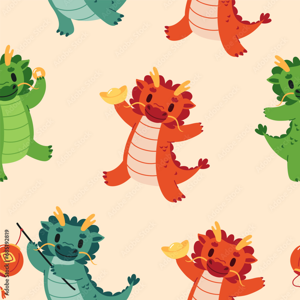 Seamless pattern with cute chinese dragons. Chinese new year 2024. Vector flat illustration.