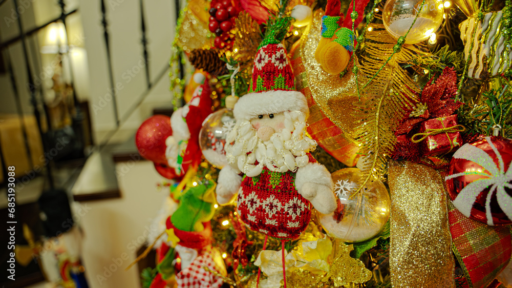 Close ups of Christmas' tree decorations with lots of ornaments. 