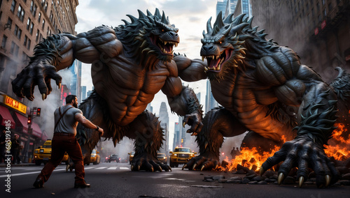 Two huge monsters fight in a big city.