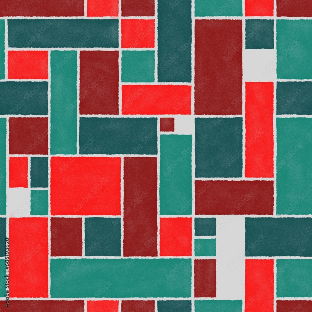 Seamless Pattern Watercolor Modern Abstract Rectangles Geometric Red Green for background, Wallpaper