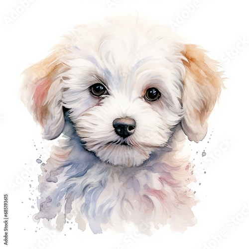 Bichon frise puppy. Stylized watercolour digital illustration of a cute dog with big eyes. Digital illustration.