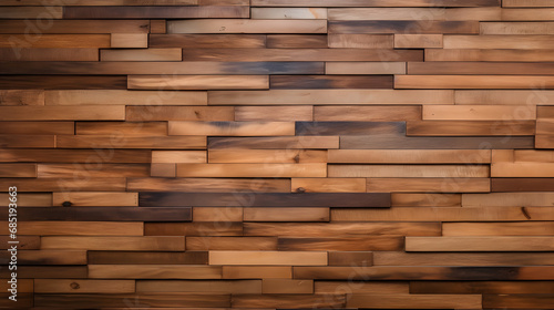 close up of wooden floor brown natural wooden strips random tiles, wood panel texture background texture marble. Generative AI.