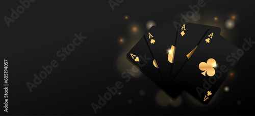Flying vegas casino golden black poker cards. Clubs, diamonds, hearts, spades. Gambling addiction, risky money, huge jackpot, lucky game. Playing blackjack. Dark background. Vector illustration photo