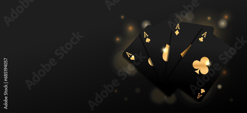 Flying vegas casino golden black poker cards. Clubs, diamonds, hearts, spades. Gambling addiction, risky money, huge jackpot, lucky game. Playing blackjack. Dark background. Vector illustration