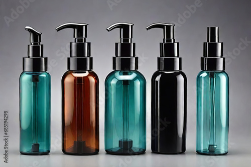 Versatile empty cosmetic bottles Multicolored dispensers on white background  ideal for diverse design applications. Isolated objects.
