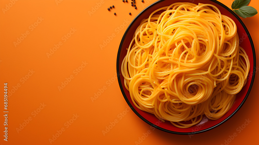world spaghetti day, bowl of spaghetti on yellow minimalist background with copyspace world spaghetti day, bowl of spaghetti on yellow minimalist background with copyspace