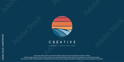 wave of sea water and sun in the form of abstract circle in gold are suitable for logo and icon