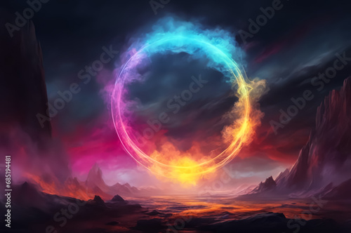 A cosmic landscape with a neon circle and smoke. Multicolored paints. Dark background. Fantasy. AI