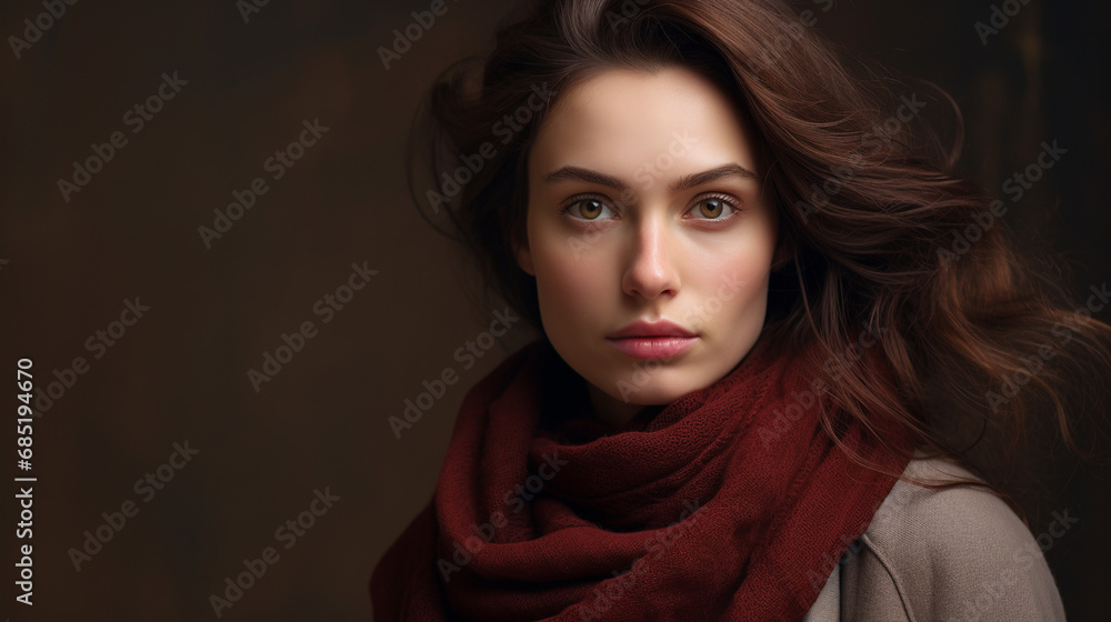 Portrait of a woman with red scarf. Portrait of a woman with red scarf.