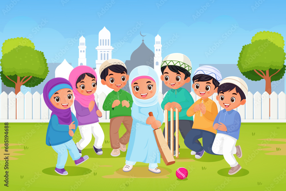 Group of arabian children in traditional muslim clothes, playing national arabic game all together. Boy and girl in various wear. Ethnic cloth design. Mosque in background . Vector illustration