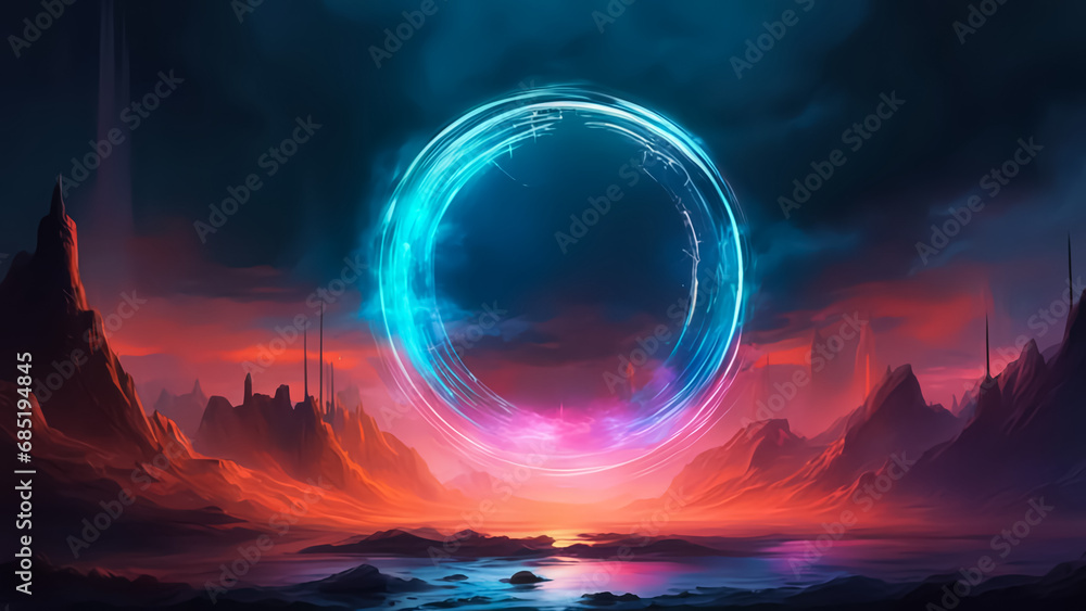 A cosmic landscape with a neon circle and smoke. Multicolored paints. Dark background. Fantasy. AI A cosmic landscape with a neon circle and smoke. Multicolored paints. Dark background. Fantasy. AI