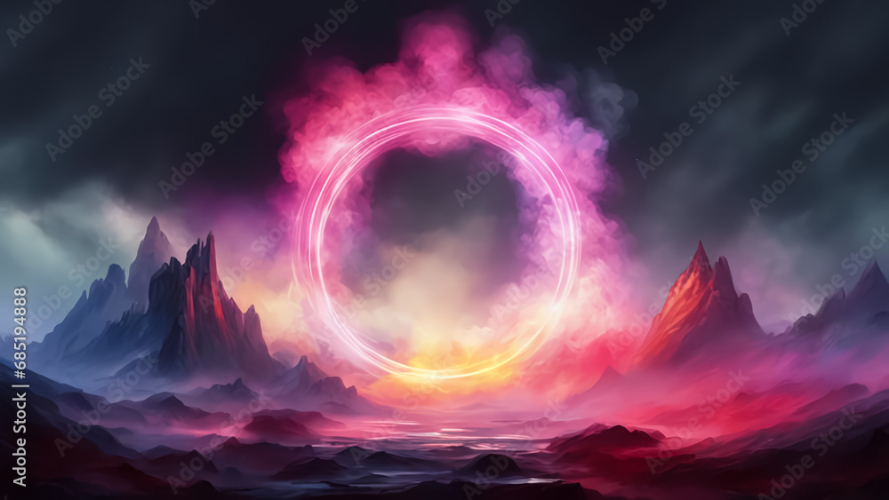 A cosmic landscape with a neon circle and smoke. Multicolored paints. Dark background. Fantasy. AI A cosmic landscape with a neon circle and smoke. Multicolored paints. Dark background. Fantasy. AI
