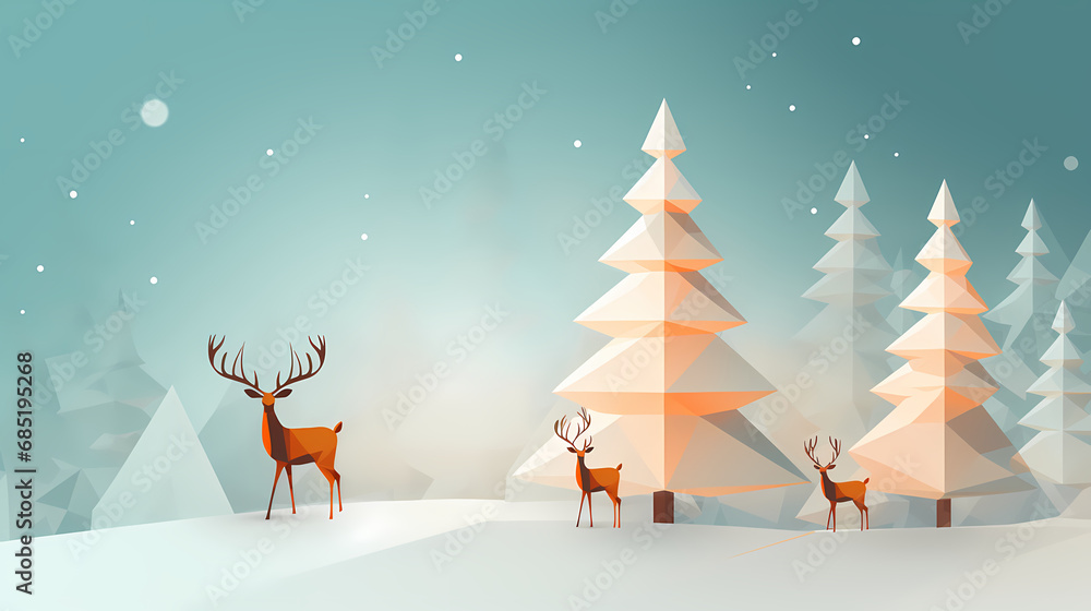 Stylized reindeer beside a low-poly Christmas tree under starry sky