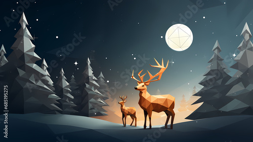Stylized reindeer beside a low-poly Christmas tree under starry sky