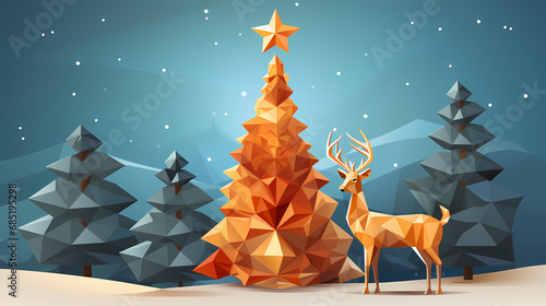 Stylized reindeer beside a low-poly Christmas tree under starry sky