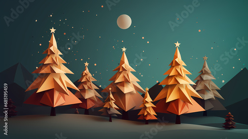 Geometric christmas trees on a snowy night with a radiant star, lowpoly low poly