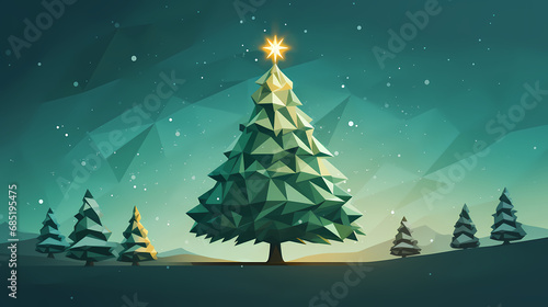 Geometric christmas trees on a snowy night with a radiant star, lowpoly low poly