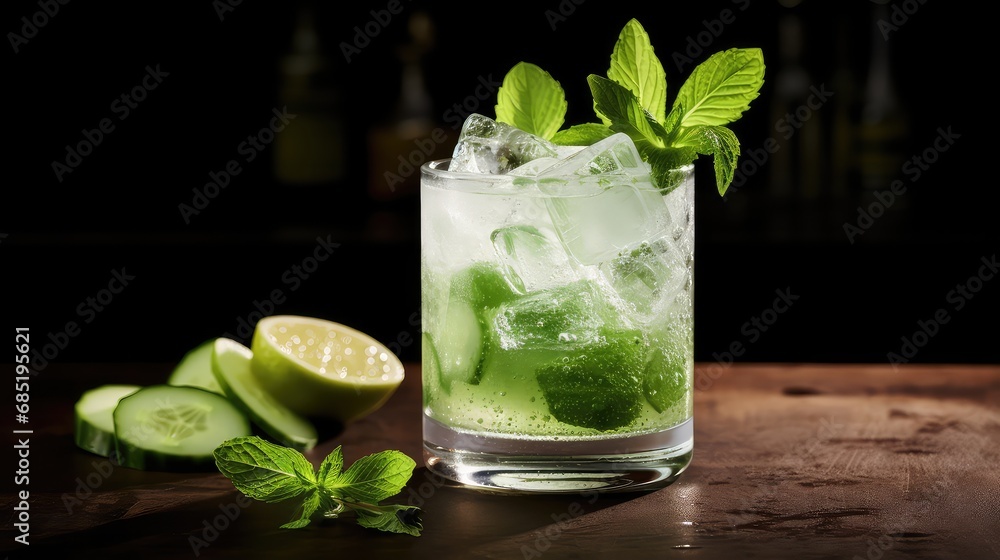 green gin cocktail drink cucumber illustration glass beverage, basil water, ice juice green gin cocktail drink cucumber - obrazy, fototapety, plakaty 