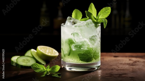 green gin cocktail drink cucumber illustration glass beverage, basil water, ice juice green gin cocktail drink cucumber photo