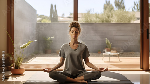 woman meditating  lady doing yoga at home
