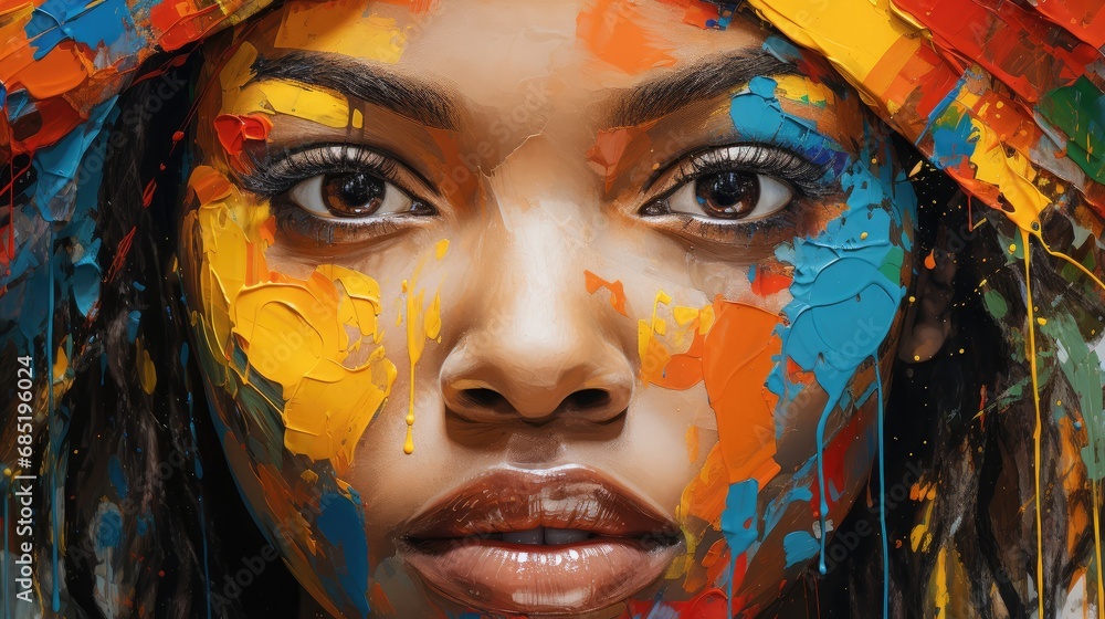 Painting of african beauty showing the texture of thick oil paint strokes on the rustic canvas, vibrant colors