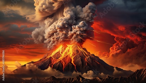 A volcano erupting, spewing ash and lava into the sky colored in the red hues of sunset. © volga