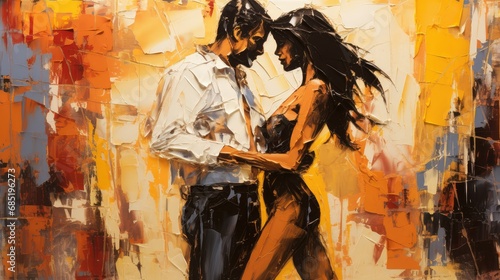 Painting of romantic dance showing the texture of thick oil paint strokes on the rustic canvas  vibrant colors