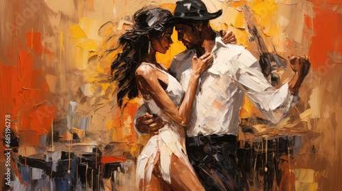 Painting of romantic dance showing the texture of thick oil paint strokes on the rustic canvas, vibrant colors