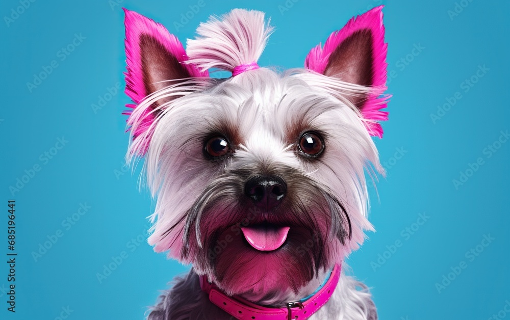 Yorkshire Terrier dog with pink ears on a blue background.