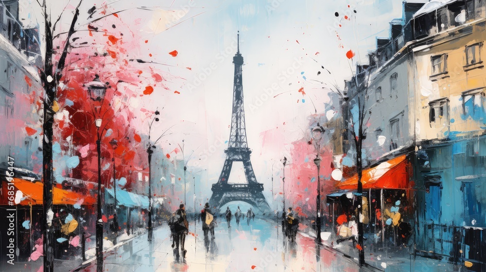 Painting of winter in paris detail close showing the texture of thick oil paint strokes on the rustic canvas, vibrant colors - obrazy, fototapety, plakaty 
