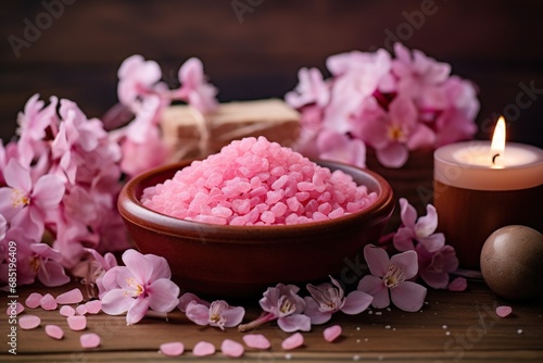 Pink sea salt in a clay bowl with flowers and a candle on a wooden background  surrounded by petals.